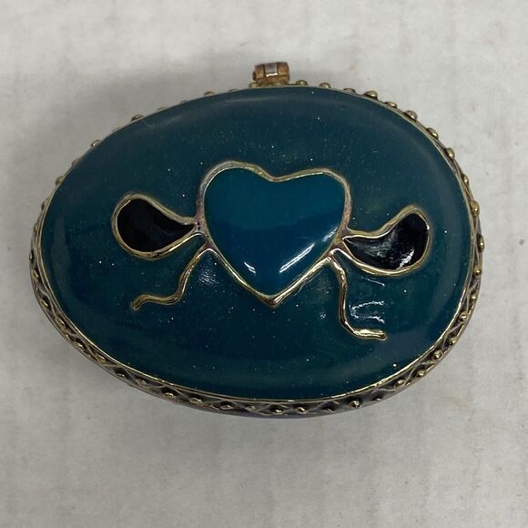 Enamel Egg Shaped Trinket Box Heart Glittery Blue Ring Case Collectible Decor - Picture 1 of 16